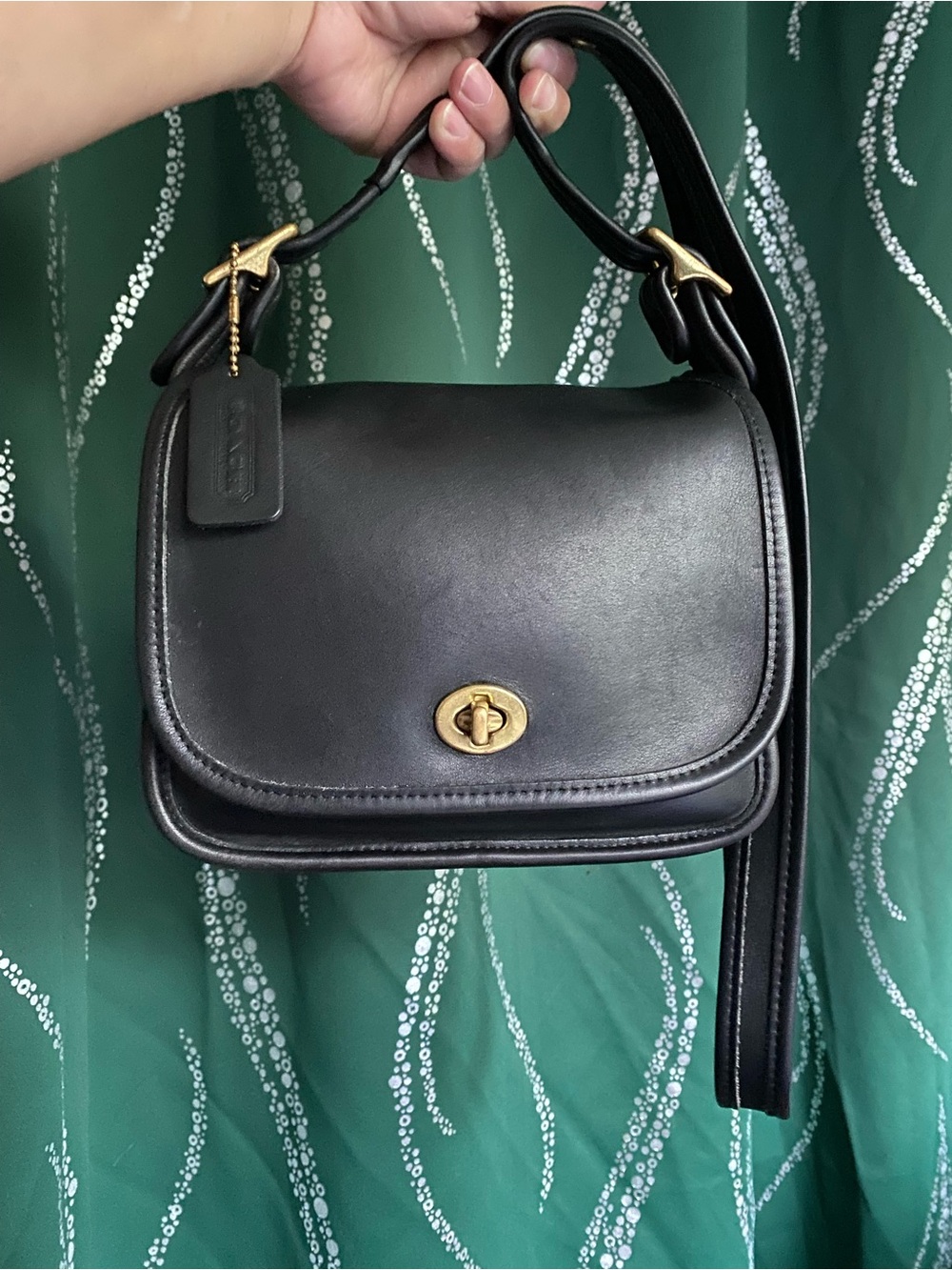 Coach Vintage 9965 Black Leather Crossbody with Gold Turn-Lock.